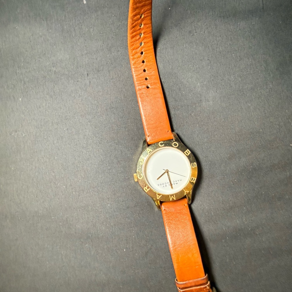 Marc Jacobs Gold Tone Round Watch with Orange Strap